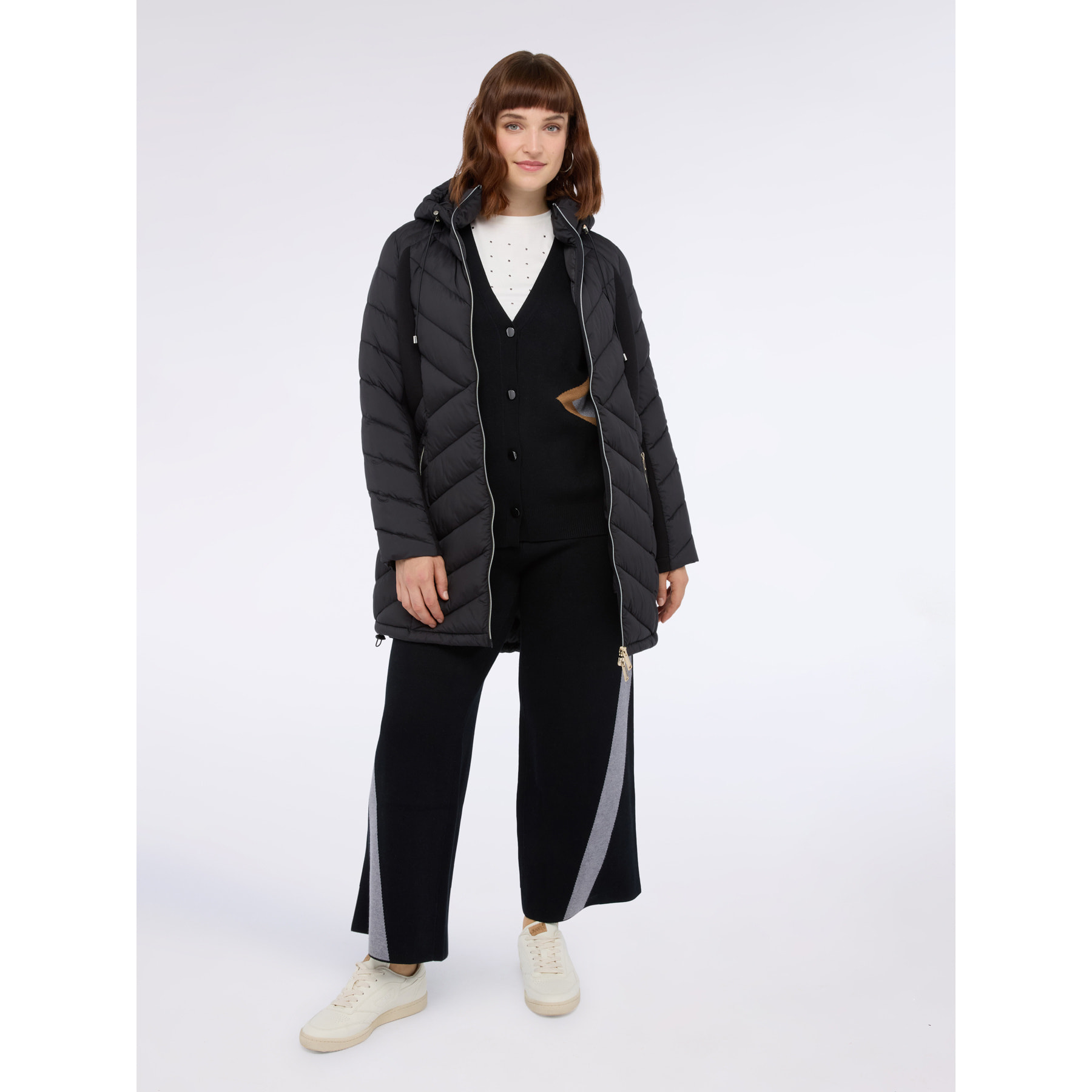 Fiorella Rubino - Piumino lungo trapuntato con cappuccio - Nero