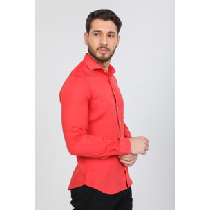 Camicia Uomo 1 Bottone Francese Slim Lino Unito Corallo
