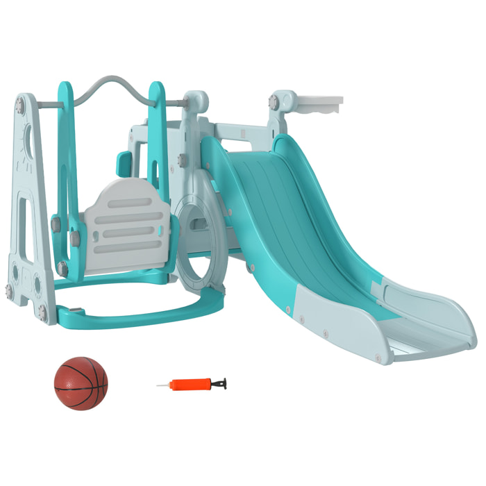 Juego de Tobogán y Columpio para Niños 6 en 1 Columpio Infantil de 18-48 Meses Tobogán para Bebés con Trompeta Silla y Baloncesto Carga 50 kg 201x151x87,5 cm Azul Claro