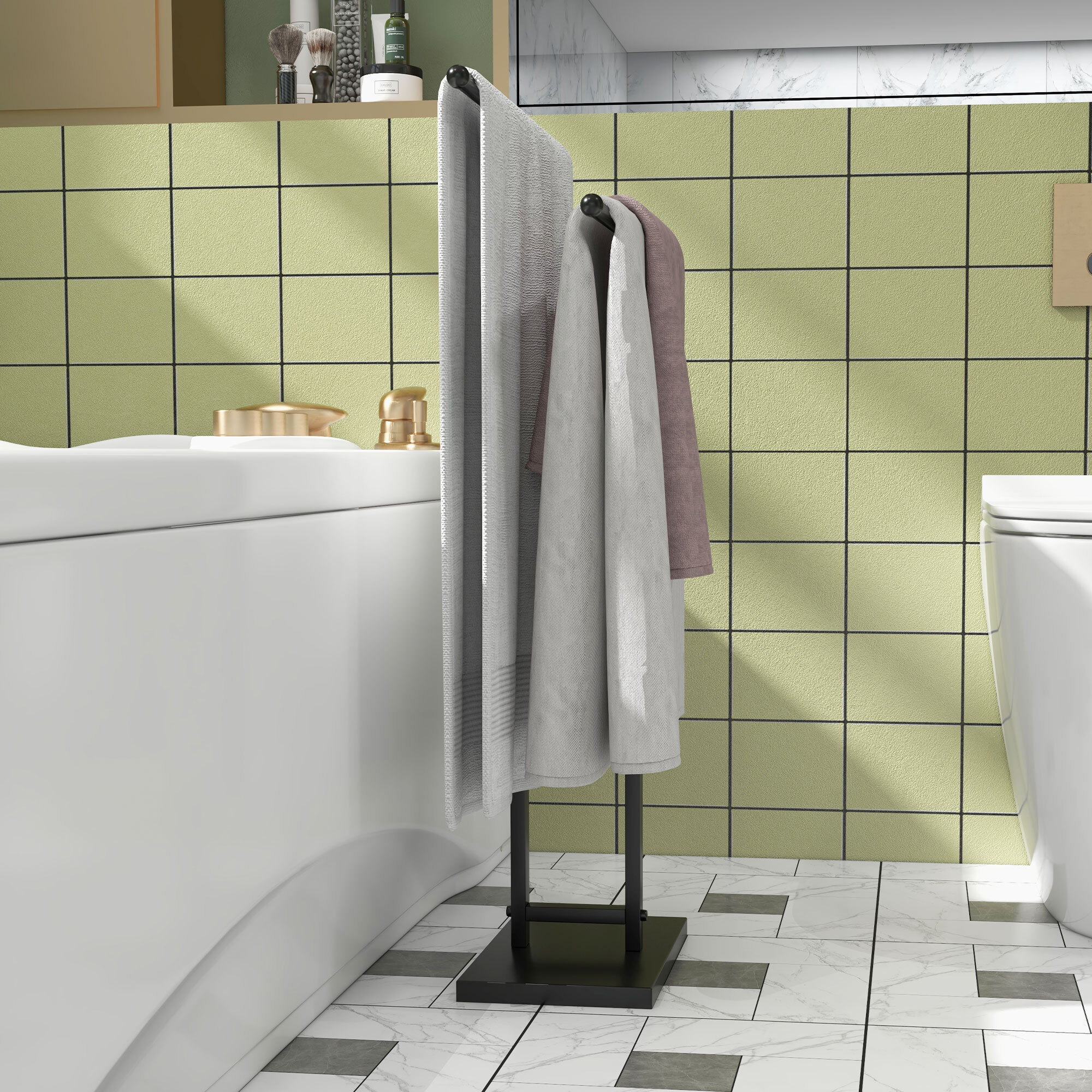 Toallero de Pie de Metal, Toallero Escalera de Baño con 2 Barras en Forma de T, Estilo Moderno, 50x18,5x85 cm, Negro