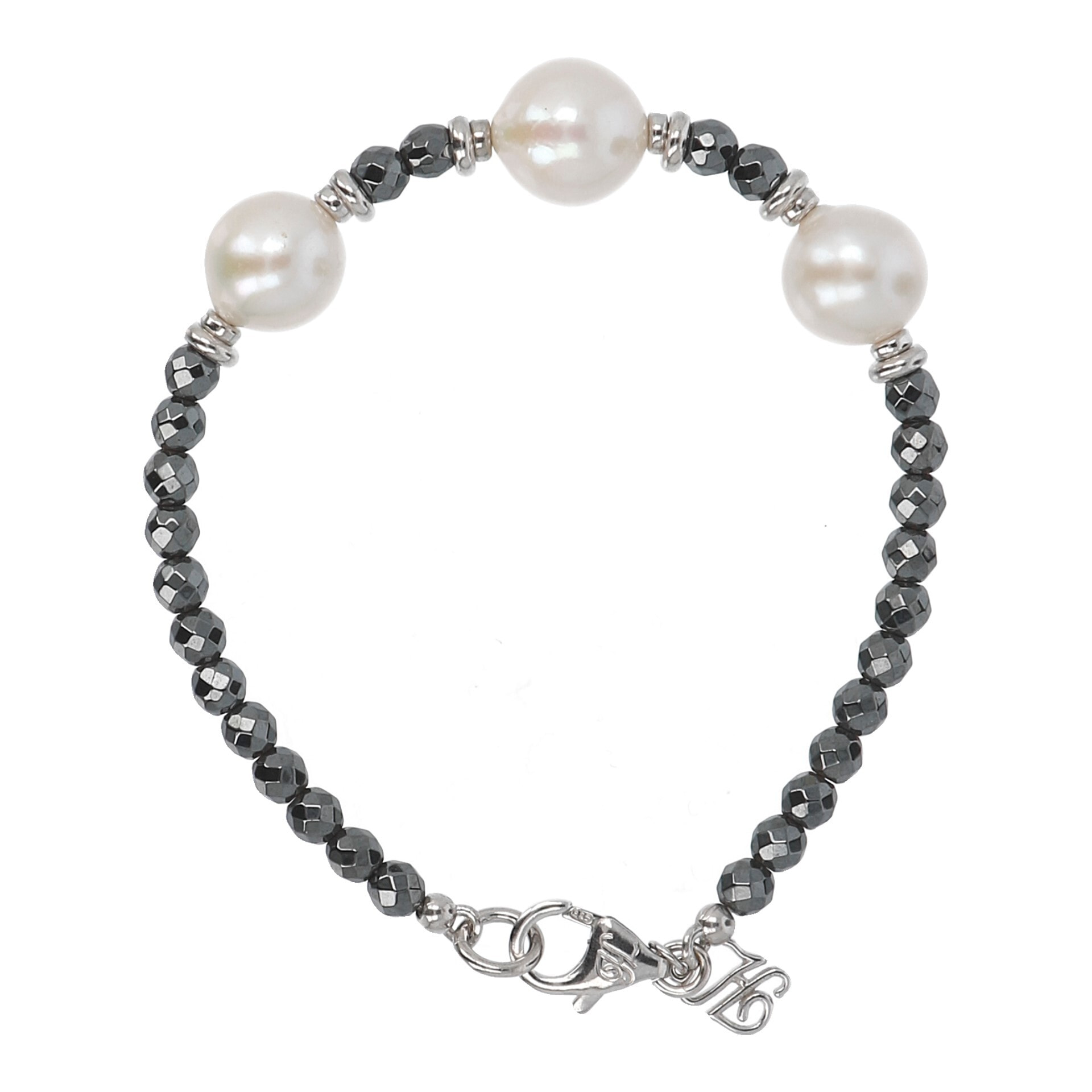 PERLAVIVA - Bracciale in Argento 925 placcato Rodio con Ematite Nera e Perle Bianche d'Acqua Dolce Ø 10/11 mm