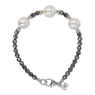 PERLAVIVA - Bracciale in Argento 925 placcato Rodio con Ematite Nera e Perle Bianche d'Acqua Dolce Ø 10/11 mm
