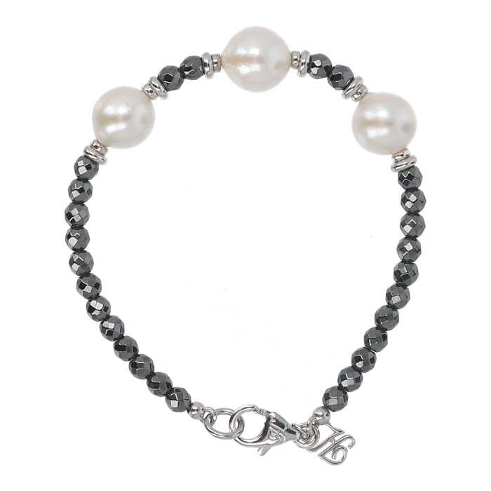 PERLAVIVA - Bracciale in Argento 925 placcato Rodio con Ematite Nera e Perle Bianche d'Acqua Dolce Ø 10/11 mm