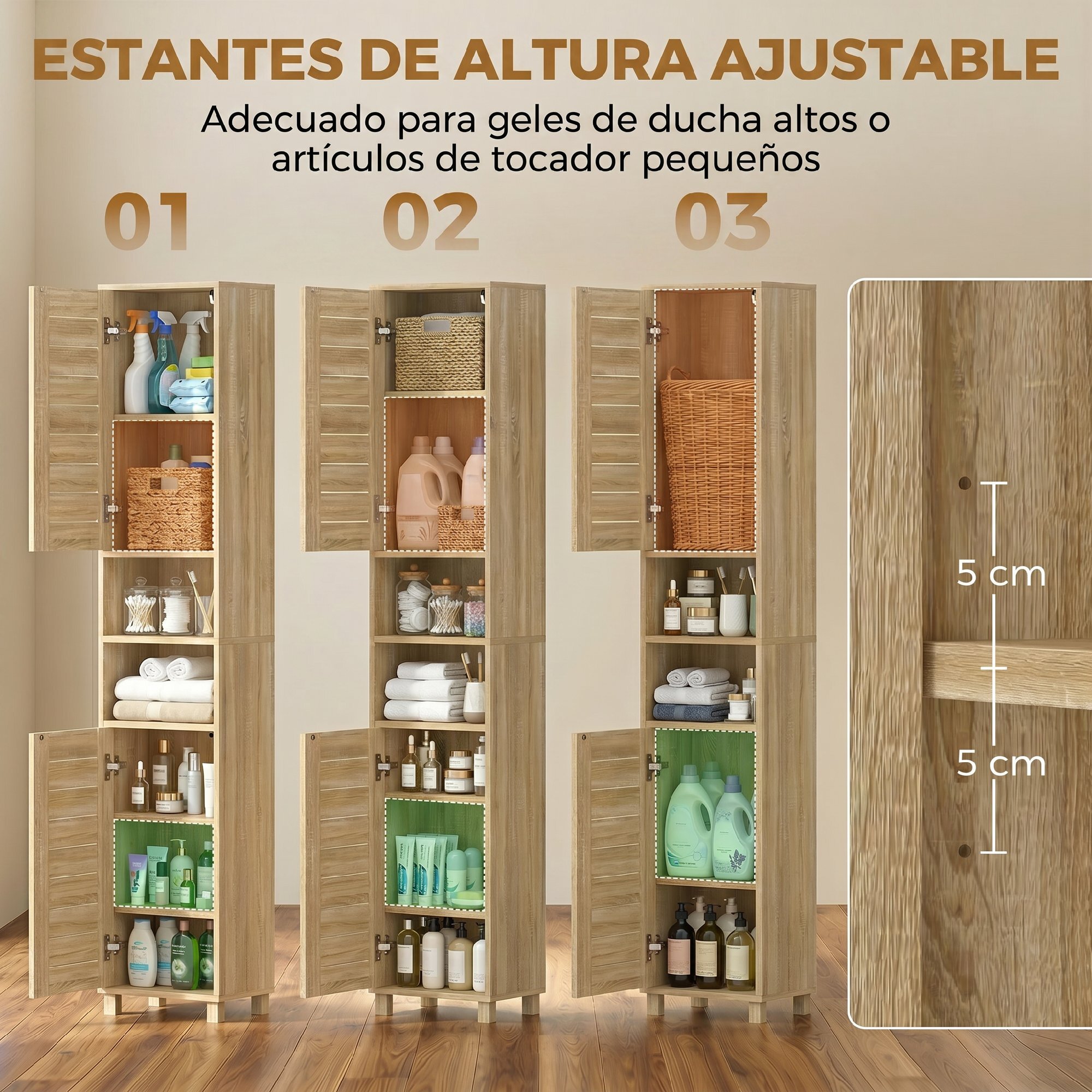 Armario de Baño Alto, Mueble Auxiliar de Baño Estrecho con Estantes Ajustables, Puertas de Lamas Apertura por Presión, Estantes Abiertos, para Espacios Pequeños, 34x23x170 cm, Natural