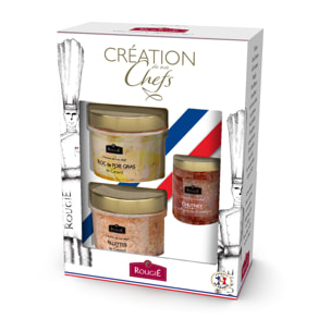 Coffret Créations de nos chefs: bloc de foie gras de canard, chutney et rillettes - 230g