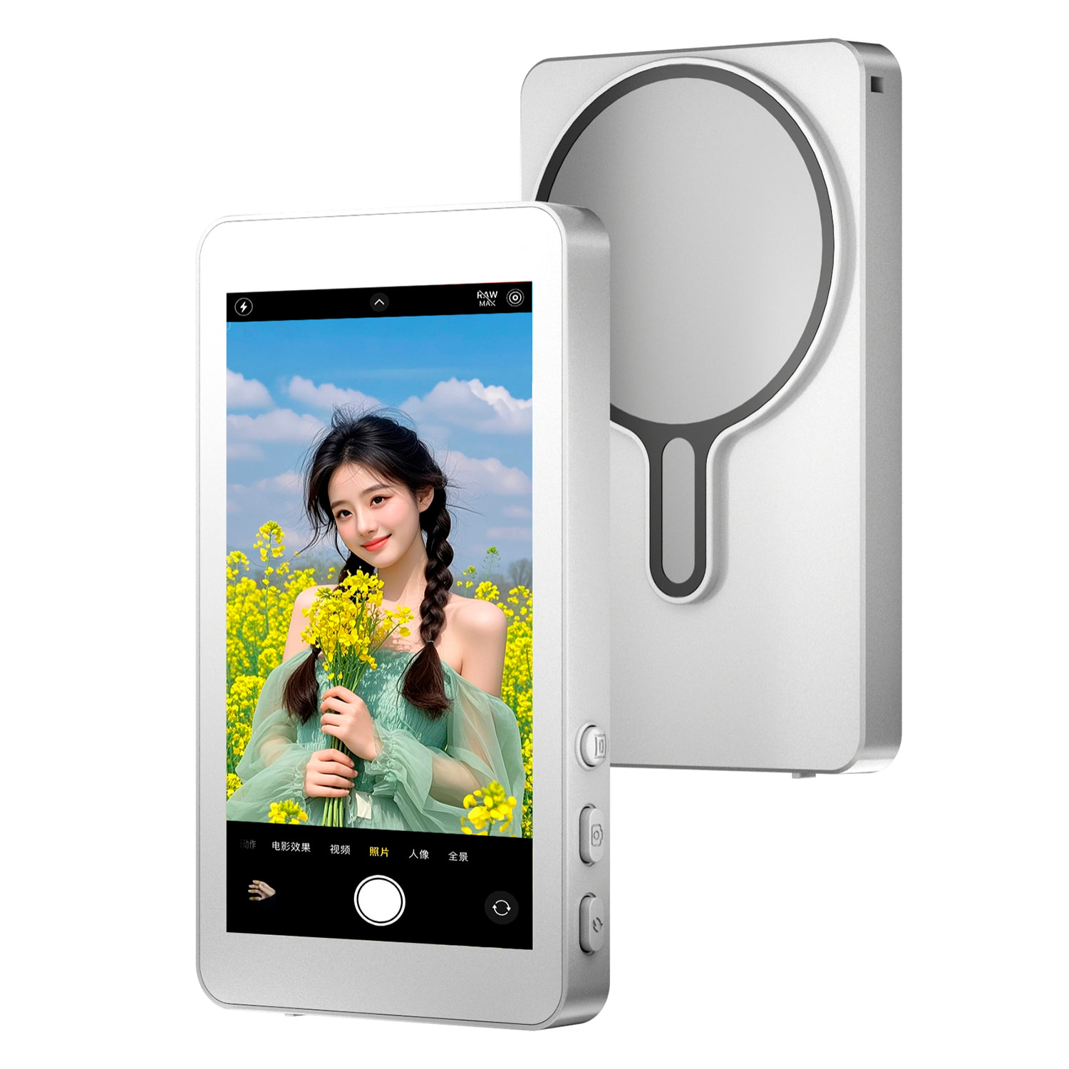 Pantalla selfie magnética inalámbrica de 4” con batería recargable, duplicación de pantalla 2,4G/5G de baja latencia, zoom 10X y audio. Compatible con iOS y Android.