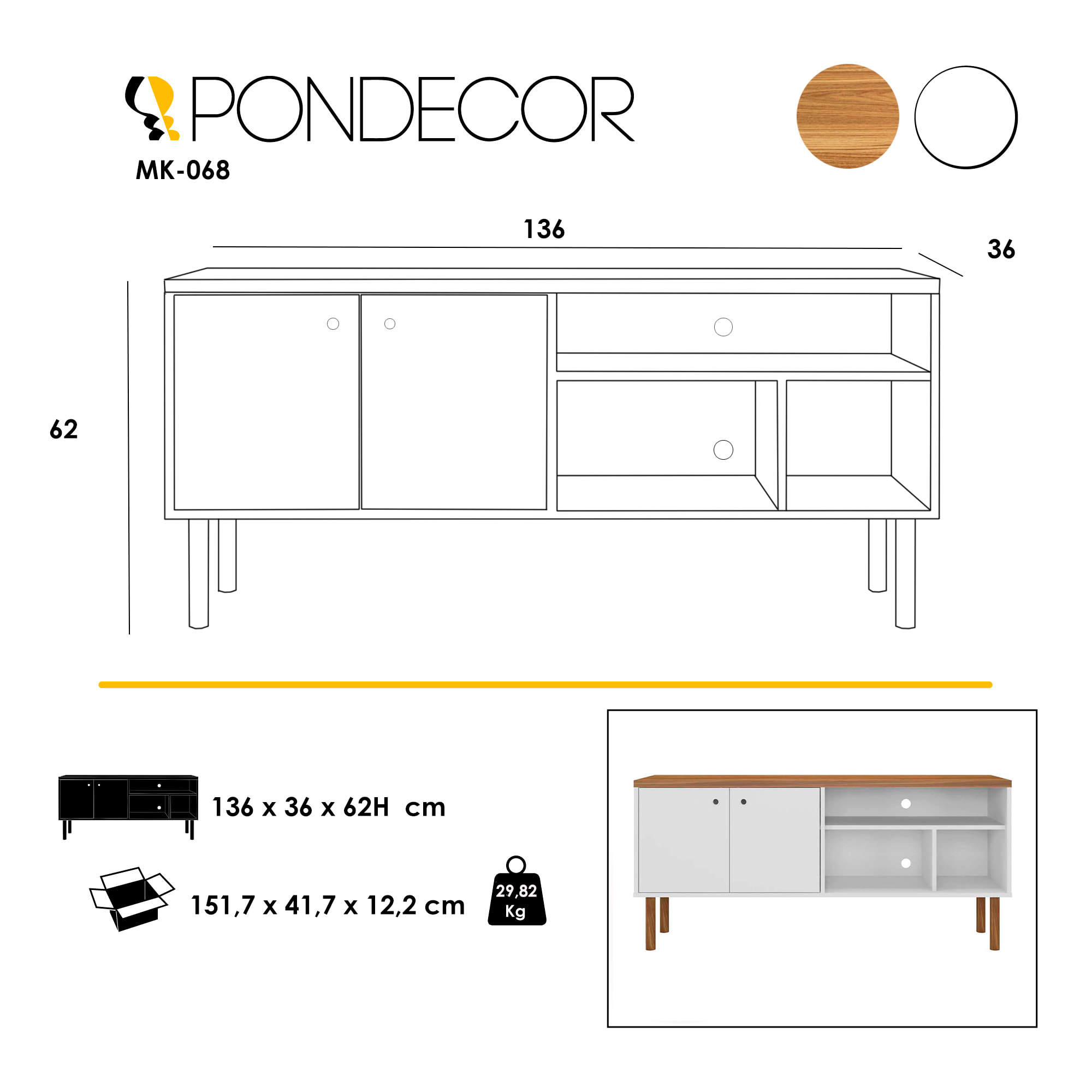 Mueble TV CAPRI - 2 puertas y 3 huecos - roble y blanco - 136x36x62cm