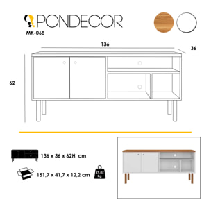 Mueble TV CAPRI - 2 puertas y 3 huecos - roble y blanco - 136x36x62cm