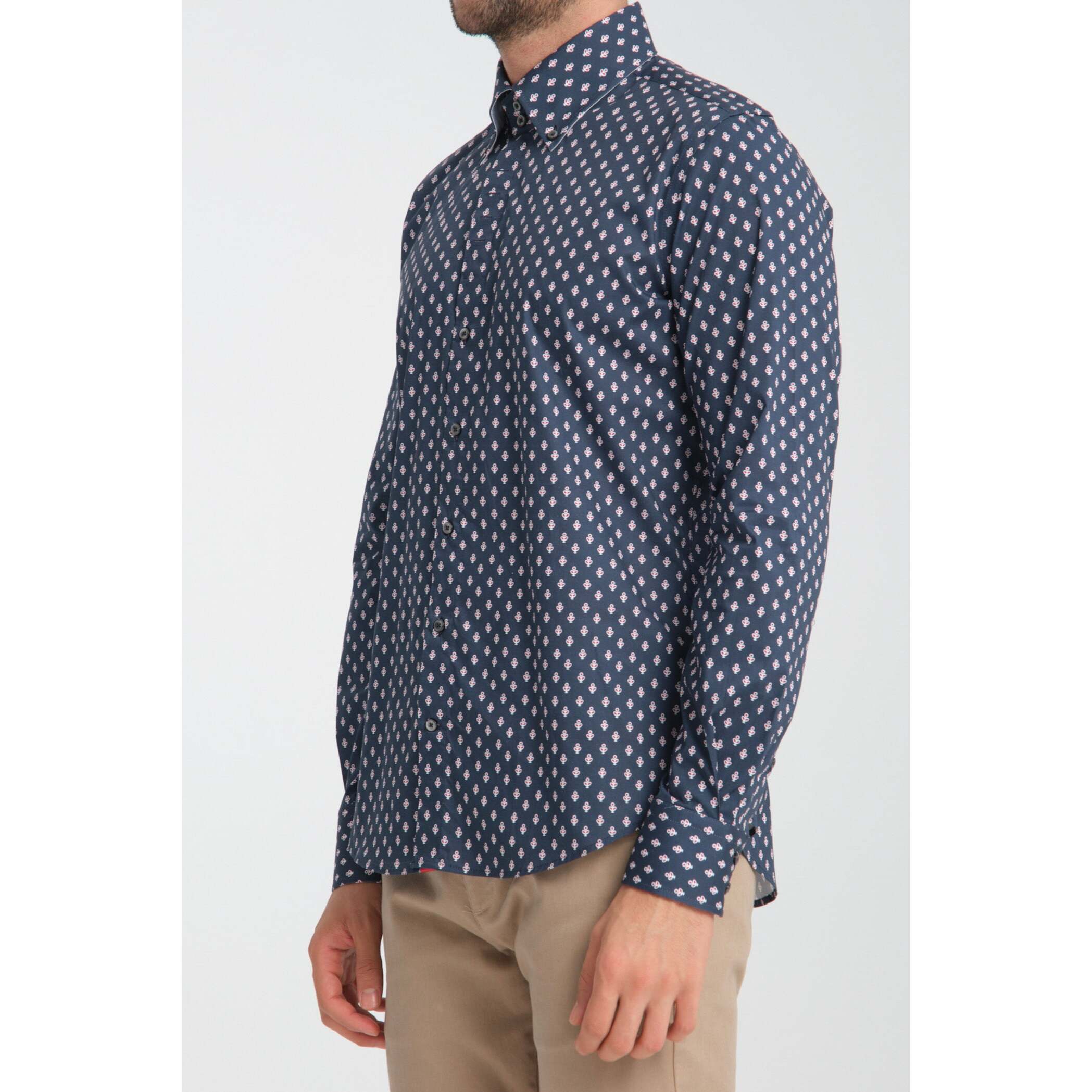 Camicia Uomo 2 Bottoni Button Down Slim Popeline Stretch Stampato Blu\Rosso