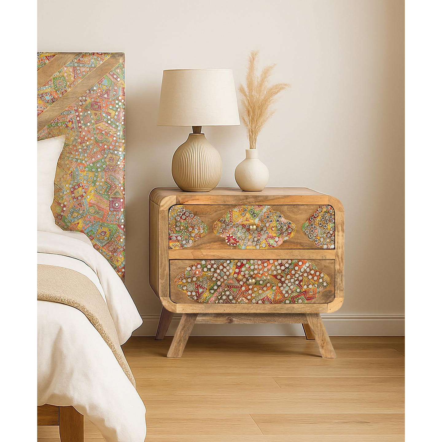 Mesitas de Noche de Madera de Mango 50 Cm Estilo Boho Étnico