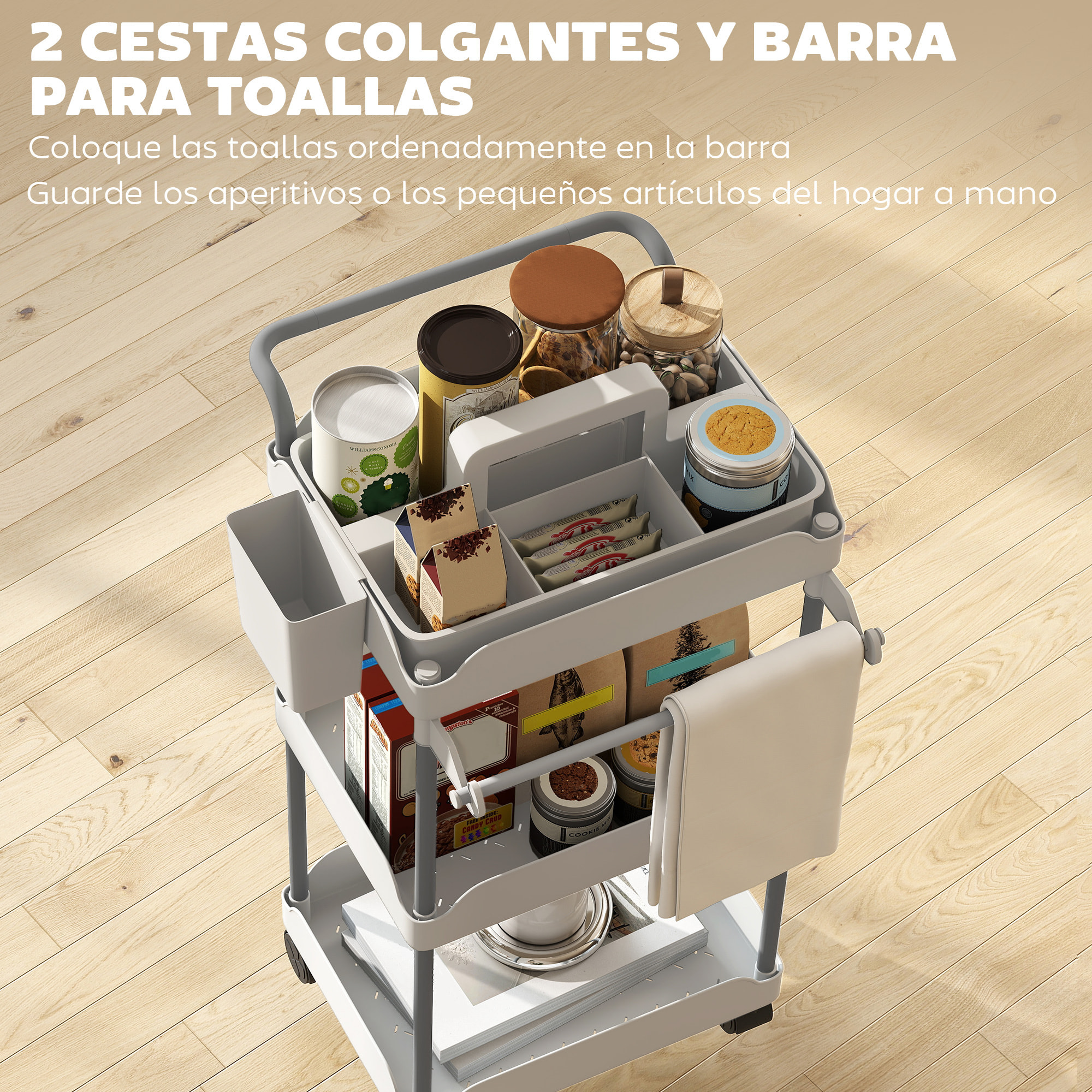 Carrito Auxiliar con Ruedas de 3 Niveles, Carrito de Cocina con Cestas Extraíbles, Ruedas con Freno, Soporte para Toallas y Marco de Metal, para Comedor, Salón, Baño, Oficina, Gris