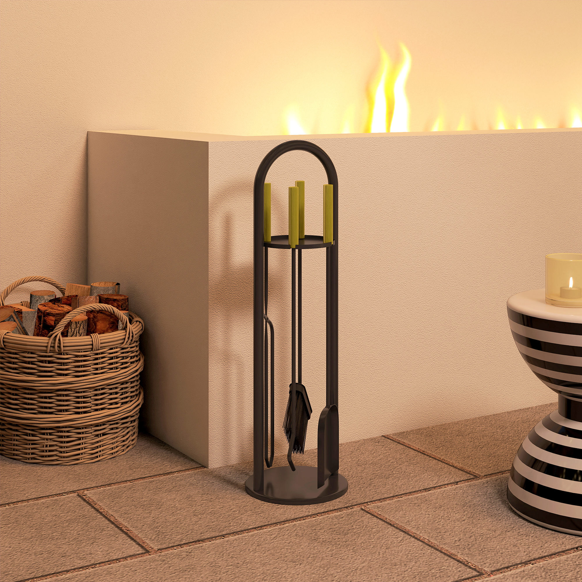 Juego Utensilios Chimenea de 5 Piezas, Juego de Accesorios para Chimenea de Metal con Escoba, Pala, 1 Par de Tenazas, Atizador y Soporte, 20x20x71 cm, Negro y Dorado