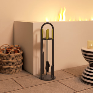 Juego Utensilios Chimenea de 5 Piezas, Juego de Accesorios para Chimenea de Metal con Escoba, Pala, 1 Par de Tenazas, Atizador y Soporte, 20x20x71 cm, Negro y Dorado