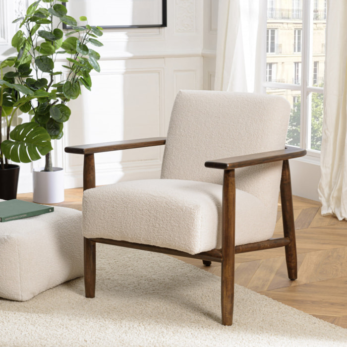 GASTON - Fauteuil tissu bouclette écru structure et accoudoirs en bois