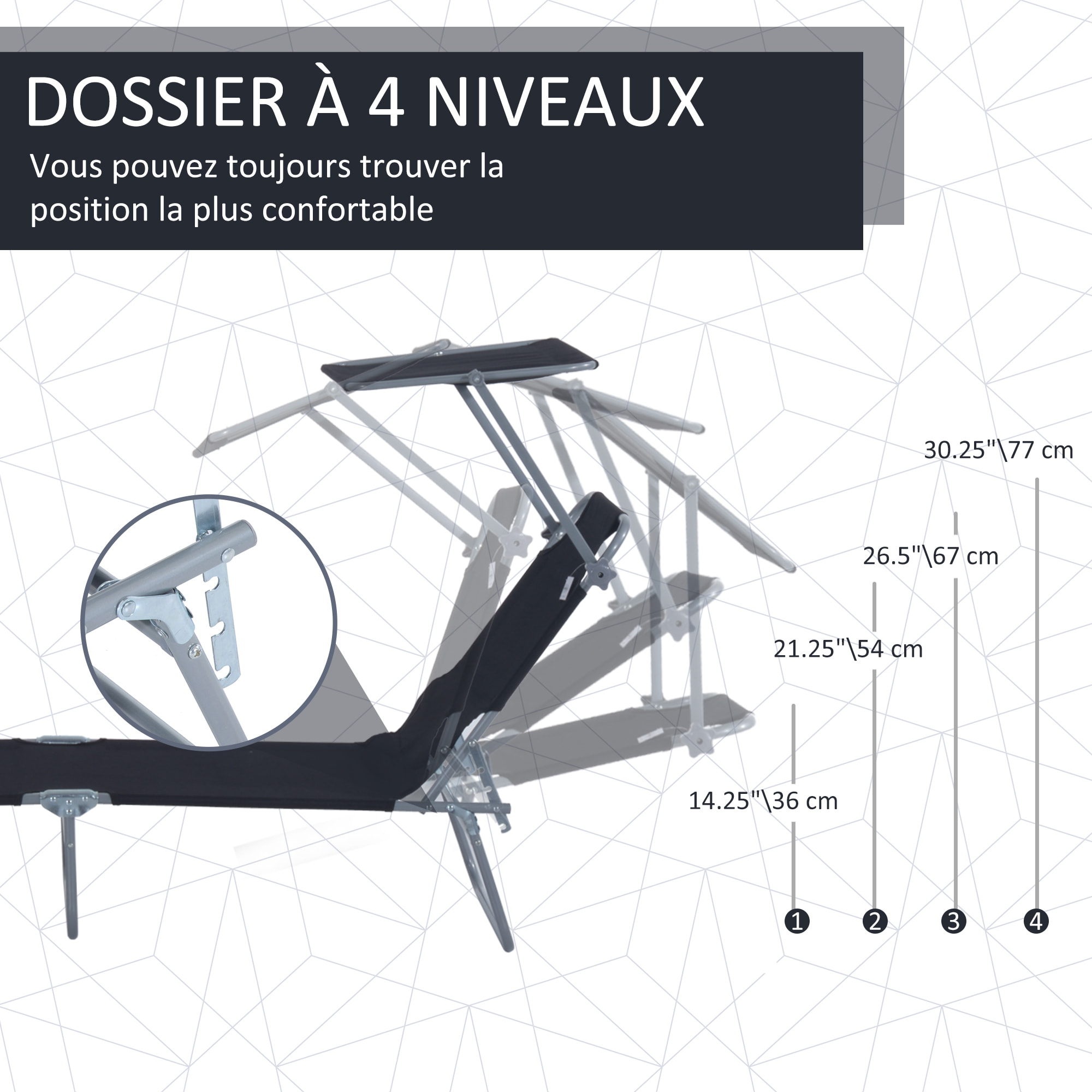 Transat bain de soleil pliable grand confort dossier et pare-soleil réglable multi-positions noir