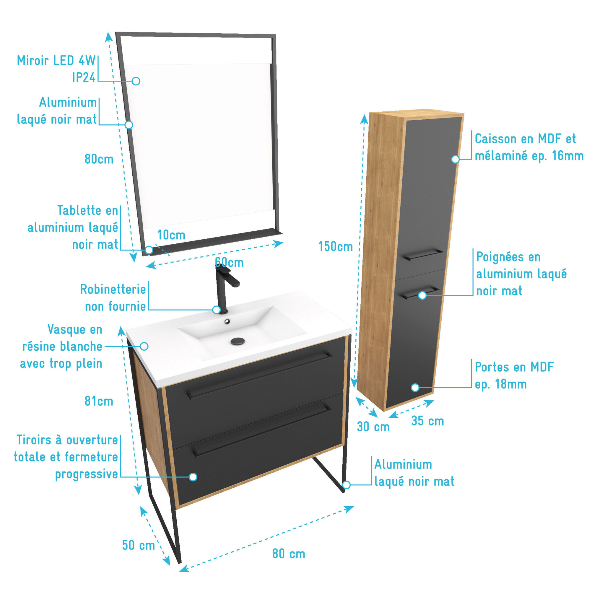 Meuble Salle de Bains 80 cm, Vasque Blanche, Miroir Led et Colonne - Chêne et Noir - STRUCTURA