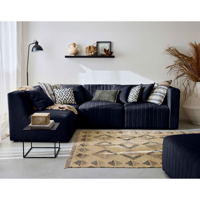 Nova - canapé modulable d'angle gauche - 5 places - avec pouf d'appoint - en velours - Bleu marine