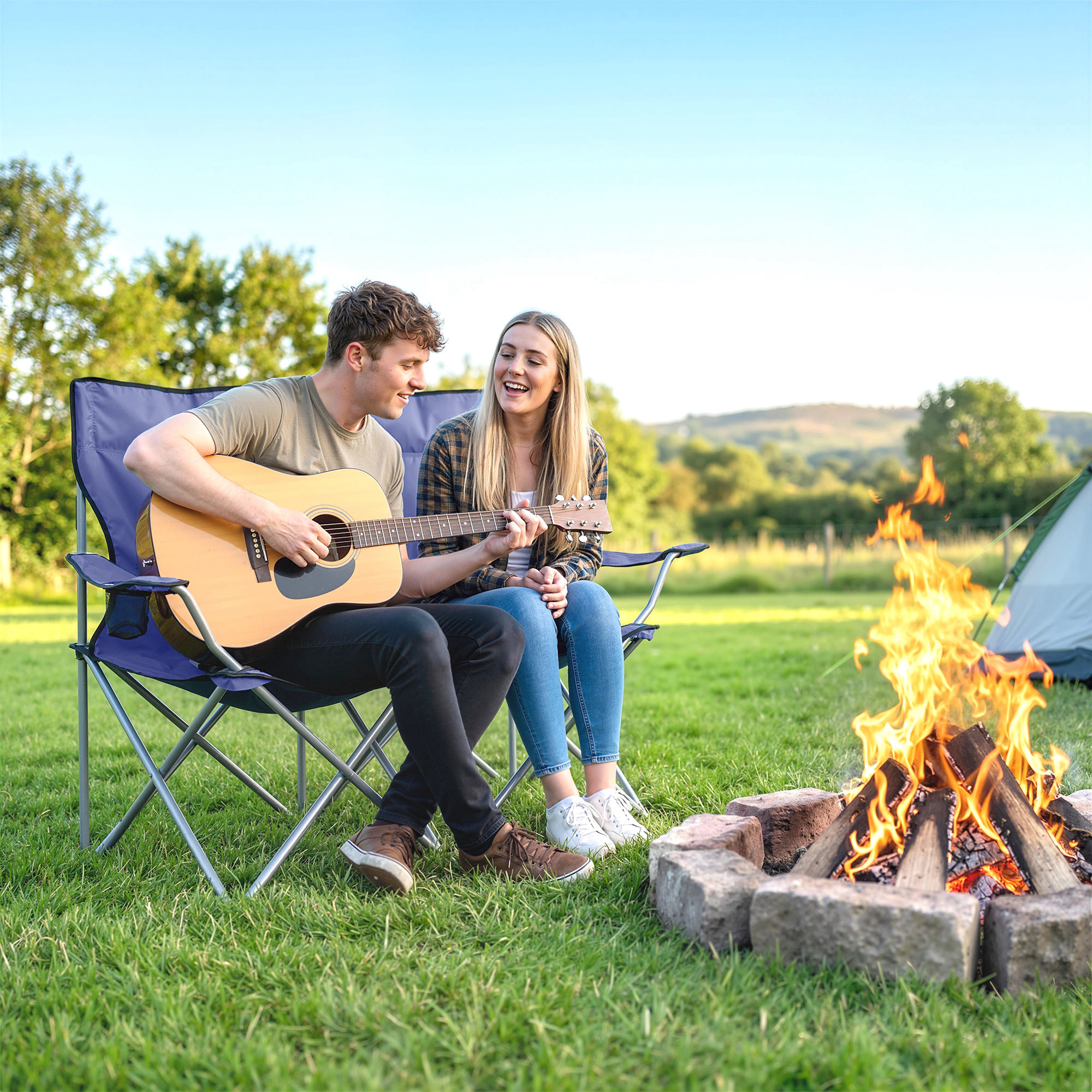 Lot de 2 chaises de camping pliables avec porte-gobelets et sac transport bleu foncé