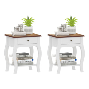 Pack de 2 Mesitas de Noche Mesillas de Noche Dormitorio con Cajón Estante Abierto y Tapa Efecto Roble Estilo Francés para Salón 45x35x55 cm Blanco y Roble