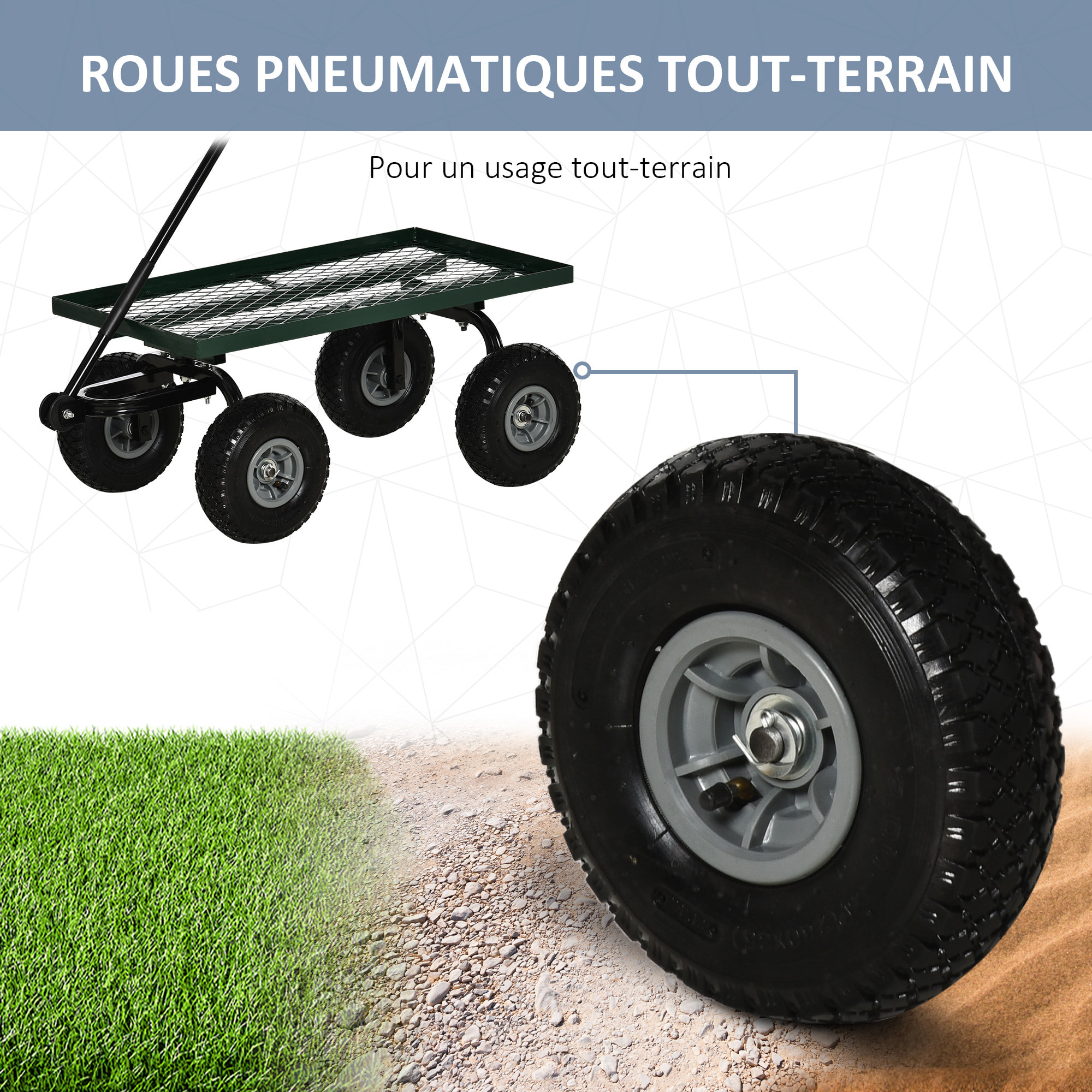 Chariot de transport jardin remorque à main charrette à bras 4 roues 94L x 48,5l x 100H cm charge max. 150 Kg métal vert