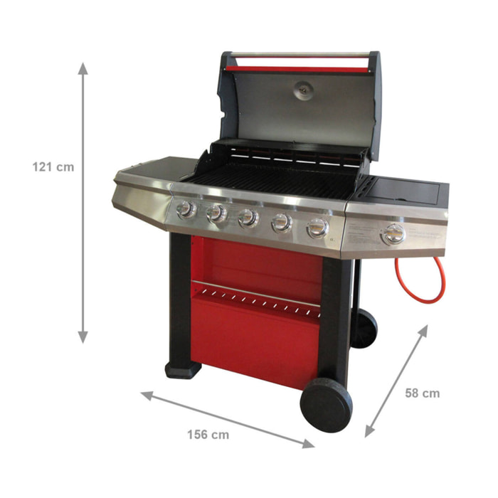 Barbecue gas 4 bruciatori + 1 laterale, colore rosso, cm 156 x 58 x h121