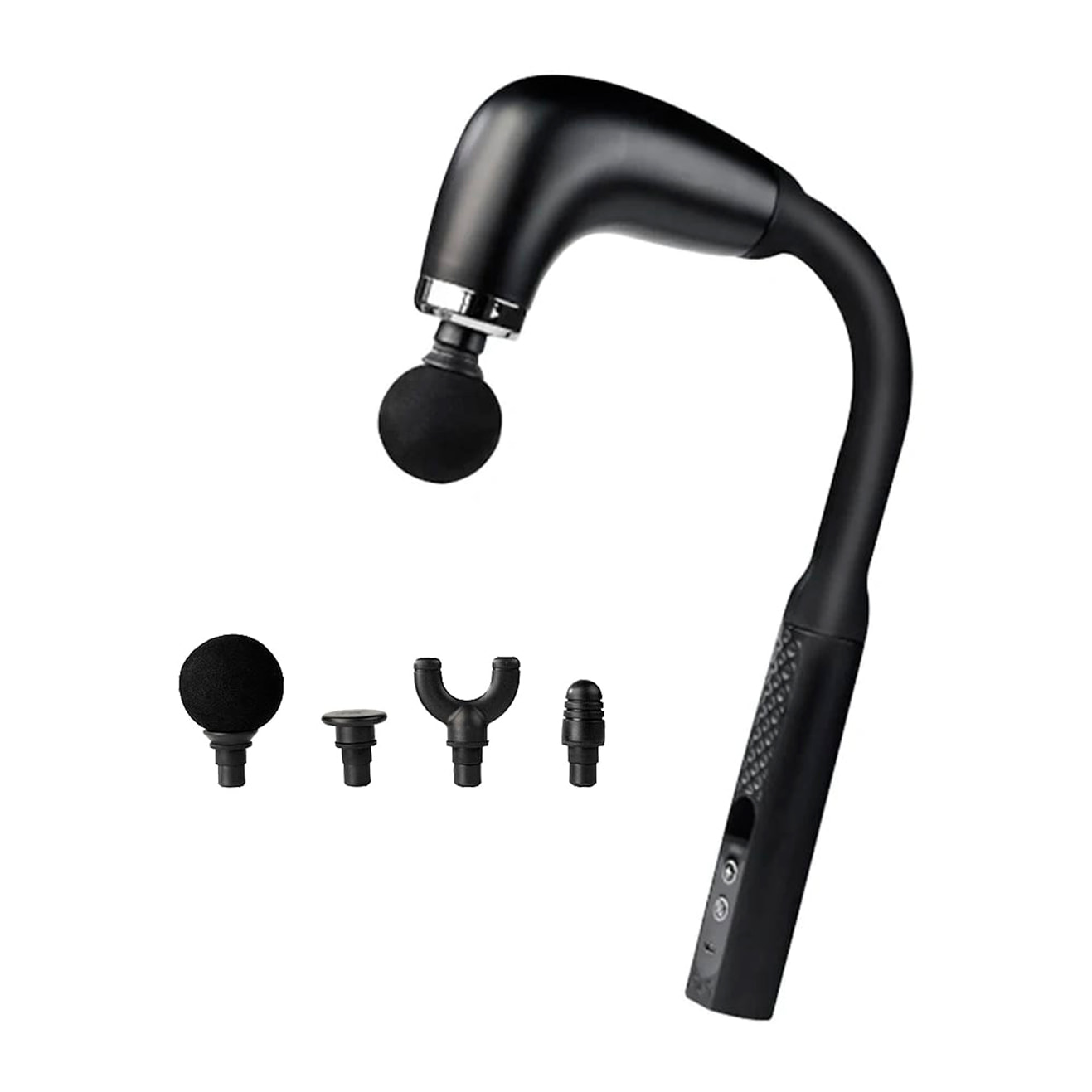 Pistolet de massage en forme de U avec 9 modes et intensités, écran LCD et 4 têtes interchangeables. Avec batterie rechargeable et fonction turbo par pression.