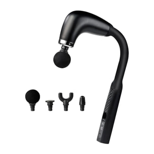 Pistolet de massage en forme de U avec 9 modes et intensités, écran LCD et 4 têtes interchangeables. Avec batterie rechargeable et fonction turbo par pression.