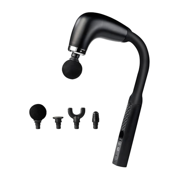 Pistolet de massage en forme de U avec 9 modes et intensités, écran LCD et 4 têtes interchangeables. Avec batterie rechargeable et fonction turbo par pression.