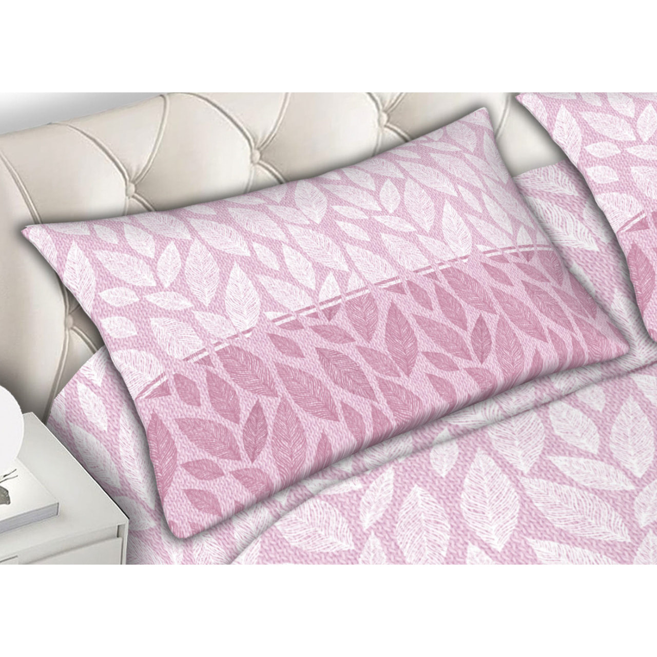 Completo Lenzuola In Calda Flanella Made in Italy Foglie Rosa