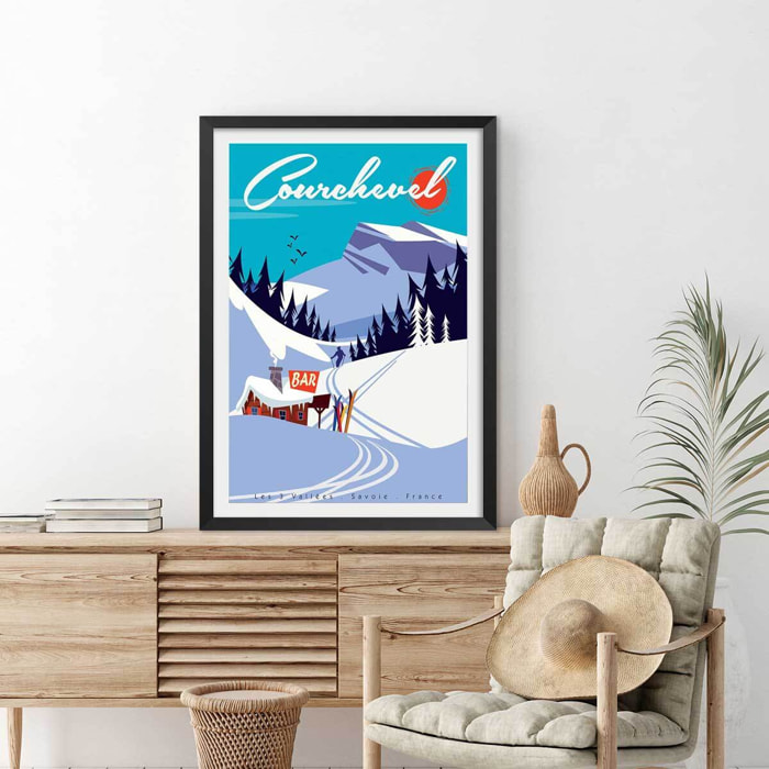 Poster ski courchevel Affiche + cadre en bois - Noir