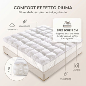 Topper Materasso Effetto Piuma in Microfibra con Imbottitura Siliconata 850 g/m², Impermeabile e Trapuntato con Angoli Elasticizzati, Extra Morbido e Confortevole