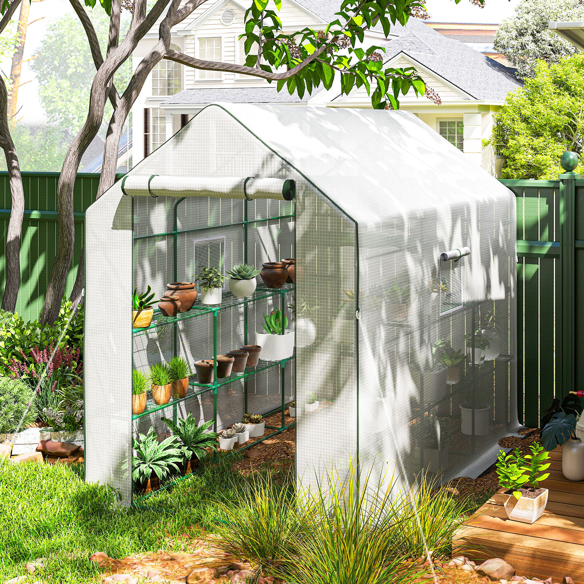 Invernadero de Jardín de 3 Niveles, Invernadero de Exterior con 12 Estantes, Puerta Enrollable, Ventanas, Anti-UV, Cubierta de PE 135g/m² para Cultivos, Plantas, Flores, 140x213x190 cm Blanco