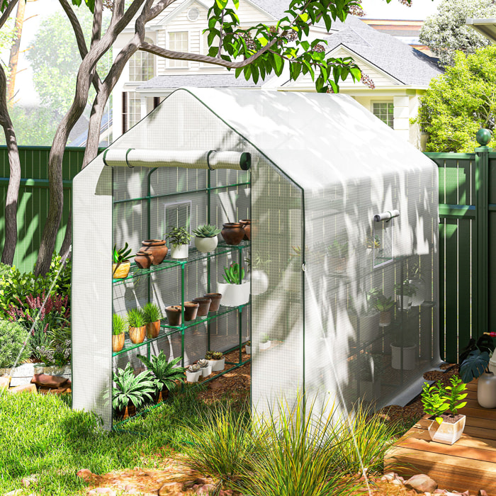 Invernadero de Jardín de 3 Niveles, Invernadero de Exterior con 12 Estantes, Puerta Enrollable, Ventanas, Anti-UV, Cubierta de PE 135g/m² para Cultivos, Plantas, Flores, 140x213x190 cm Blanco