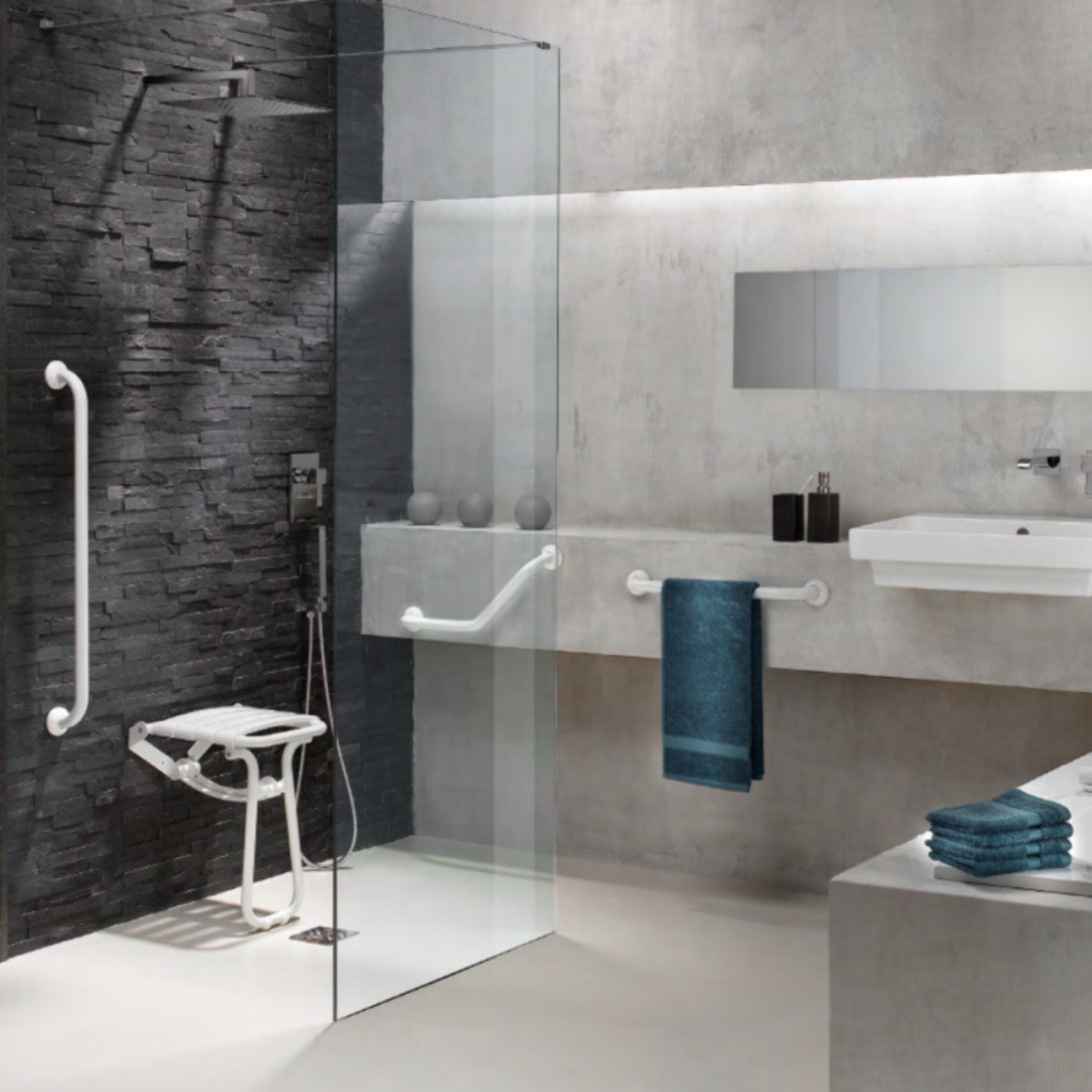 Siège de douche PMR escamotable et barre de maintien coudée PMR PELLET Essentiel confort 135 degré