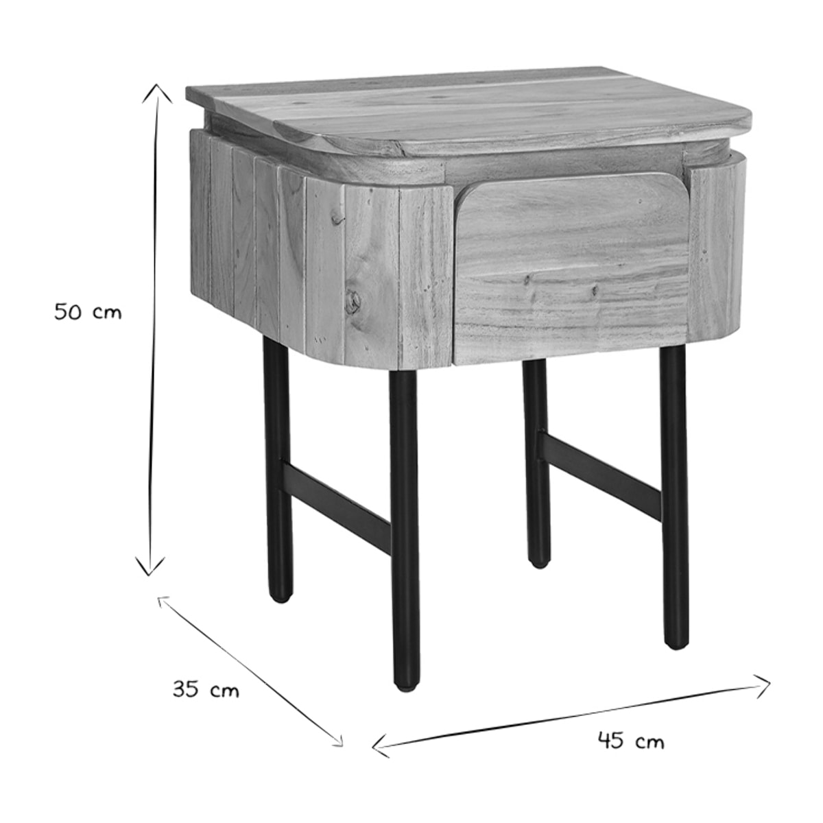 Table de chevet en bois massif et métal noir avec tiroir NAPOLI