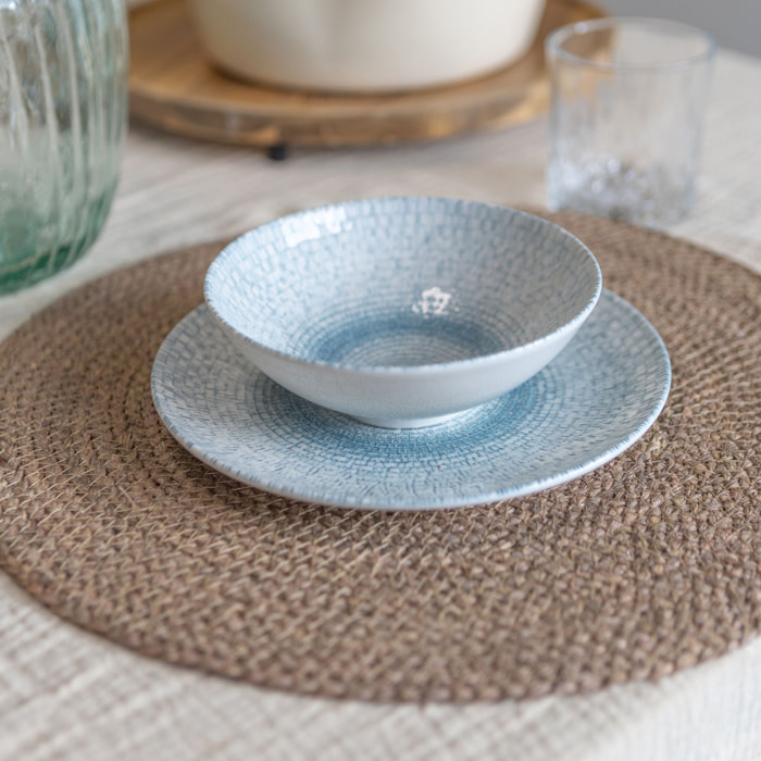 Lot de 6 assiettes creuses en porcelaine blanche et bleue 21cm AQUA