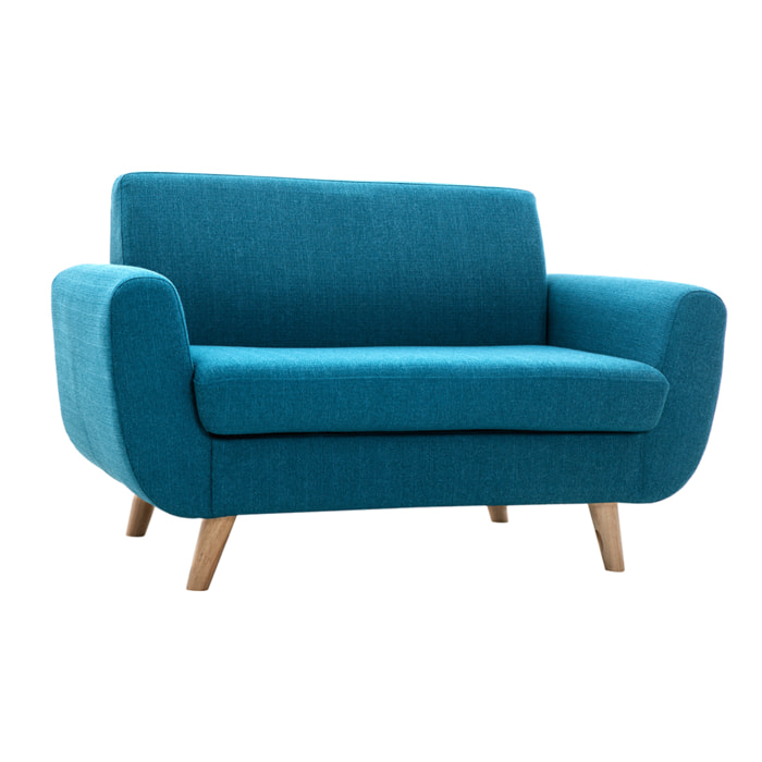 Canapé scandinave 2 places en tissu bleu canard et bois clair PURE