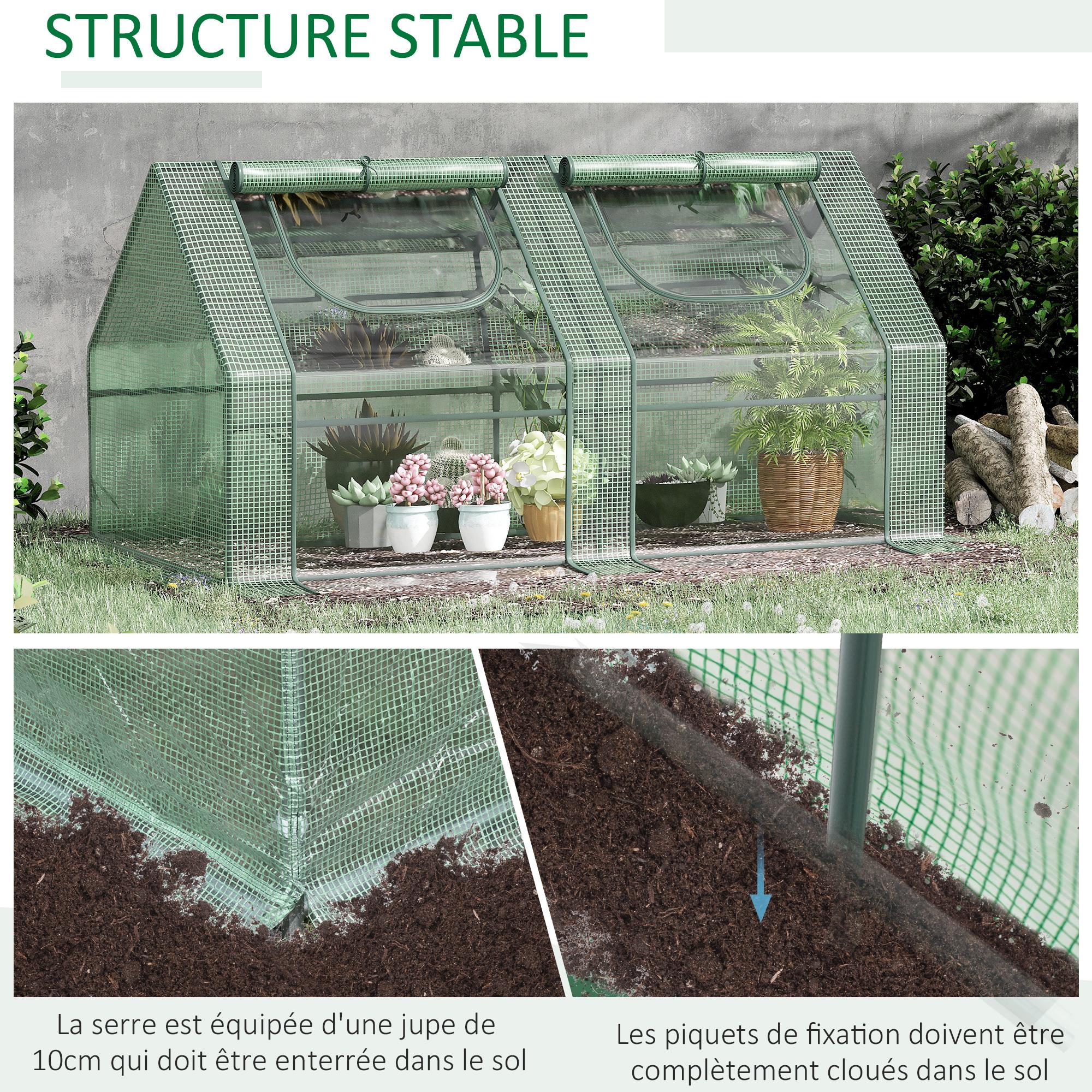 Mini serre de jardin serre à tomates double bâche 180L x 90l x 90H cm acier PE PVC 2 fenêtres avec zip enroulables vert