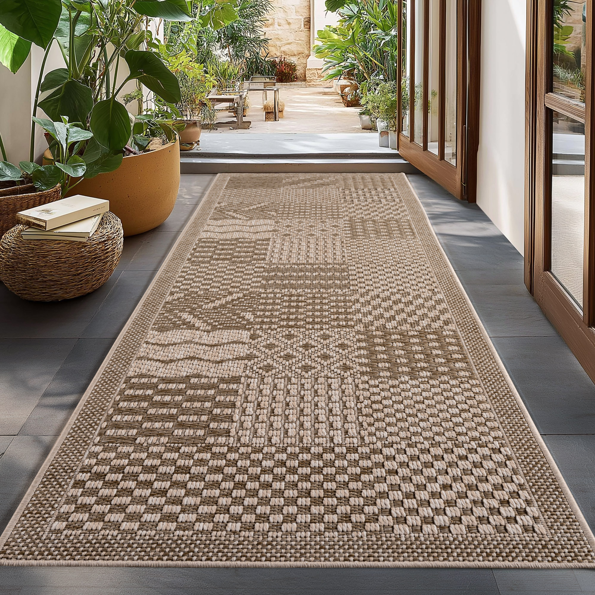 NEREA - Tapis intérieur/extérieur beige, design damier