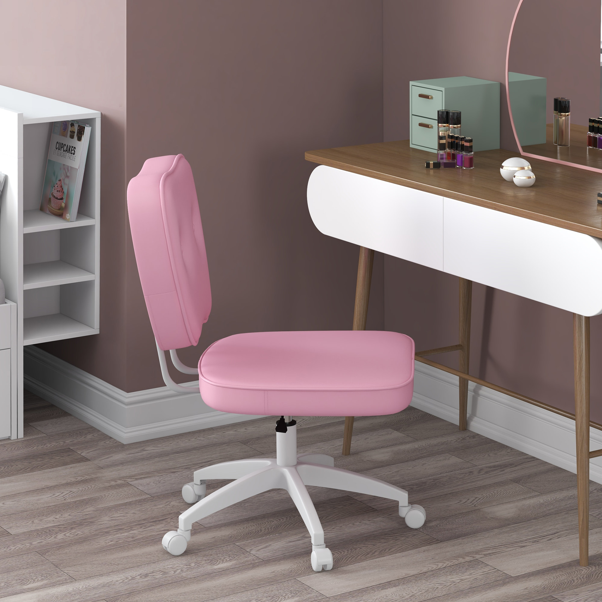 Chaise de bureau design Chersterfied dossier arrondi 2 boutons synthétique rose
