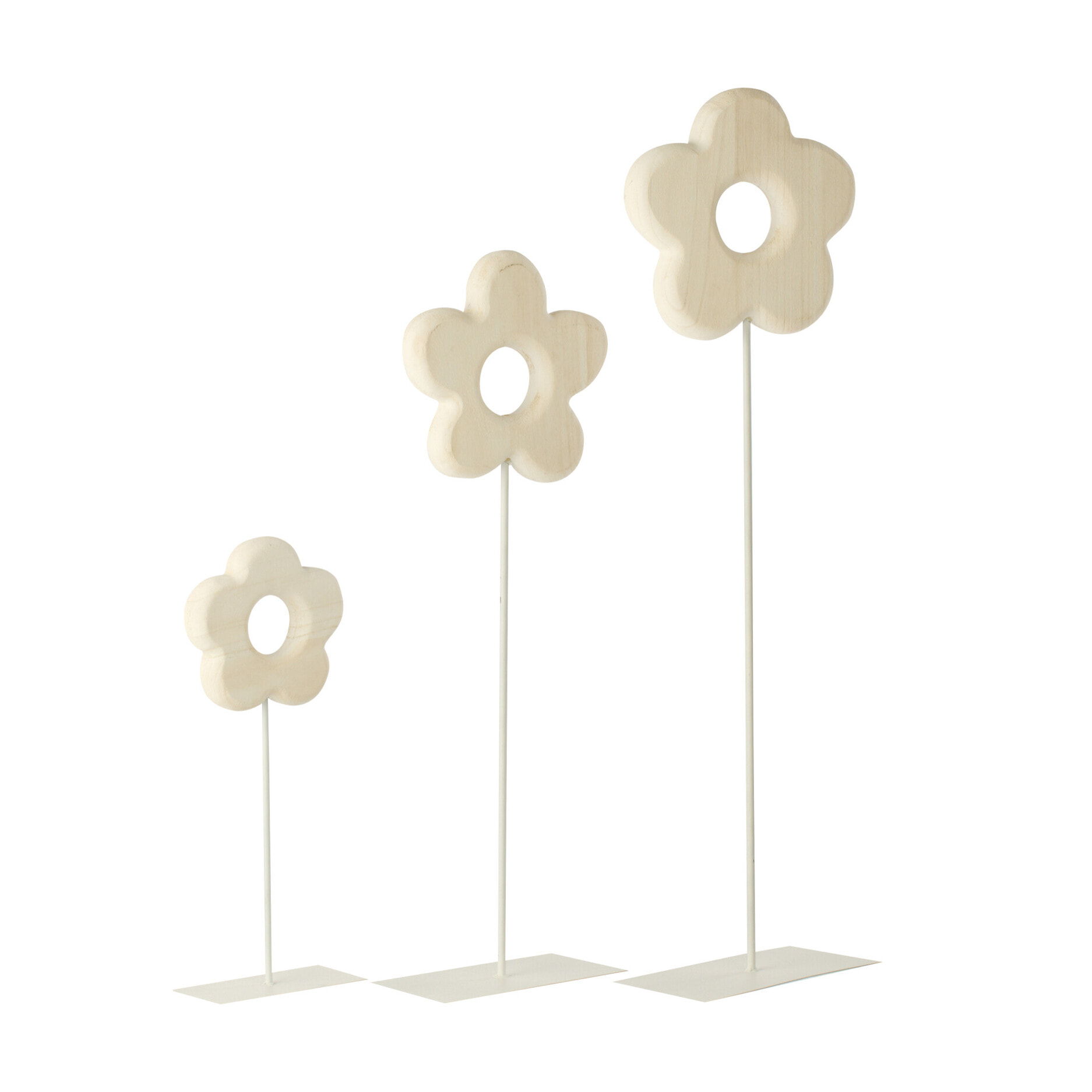 J-Line Fleur sur Base - bois - blanc - set de 3