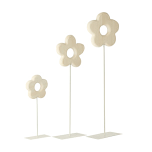J-Line Fleur sur Base - bois - blanc - set de 3