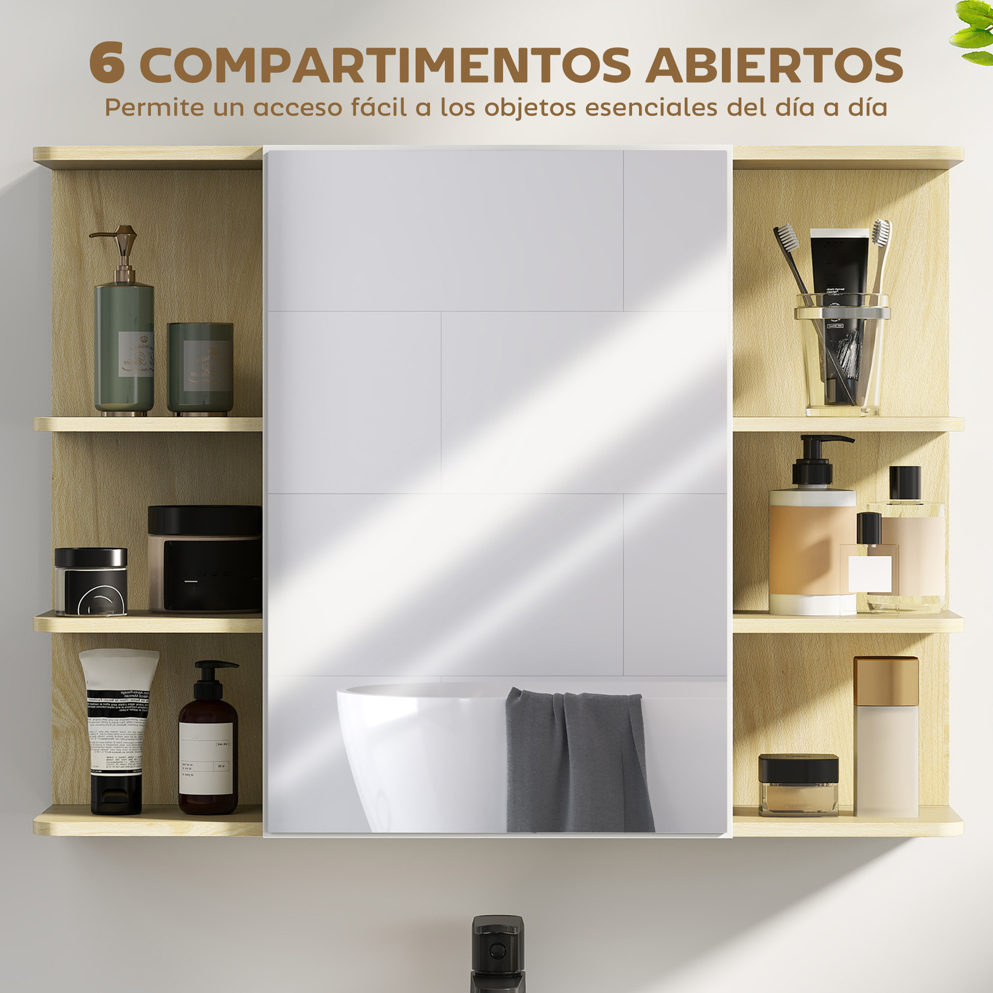 Armario de Baño con Espejo Armario de Pared Mueble de Baño Colgar con Puerta Estantes Abiertos 80x20x59 cm Natural