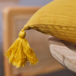 Coussin déhoussable à pompoms uni gaze de coton INDIAN FLOWERS jaune