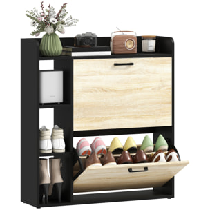 Zapatero Estrecho 2 Puertas, Zapatero Entrada Recibidor con 3 Estantes Laterales y Estantes Ajustables, para 15 Pares de Zapatos, para Pasillo, Espacio Reducido, 83x24x90,5 cm, Natural y Negro