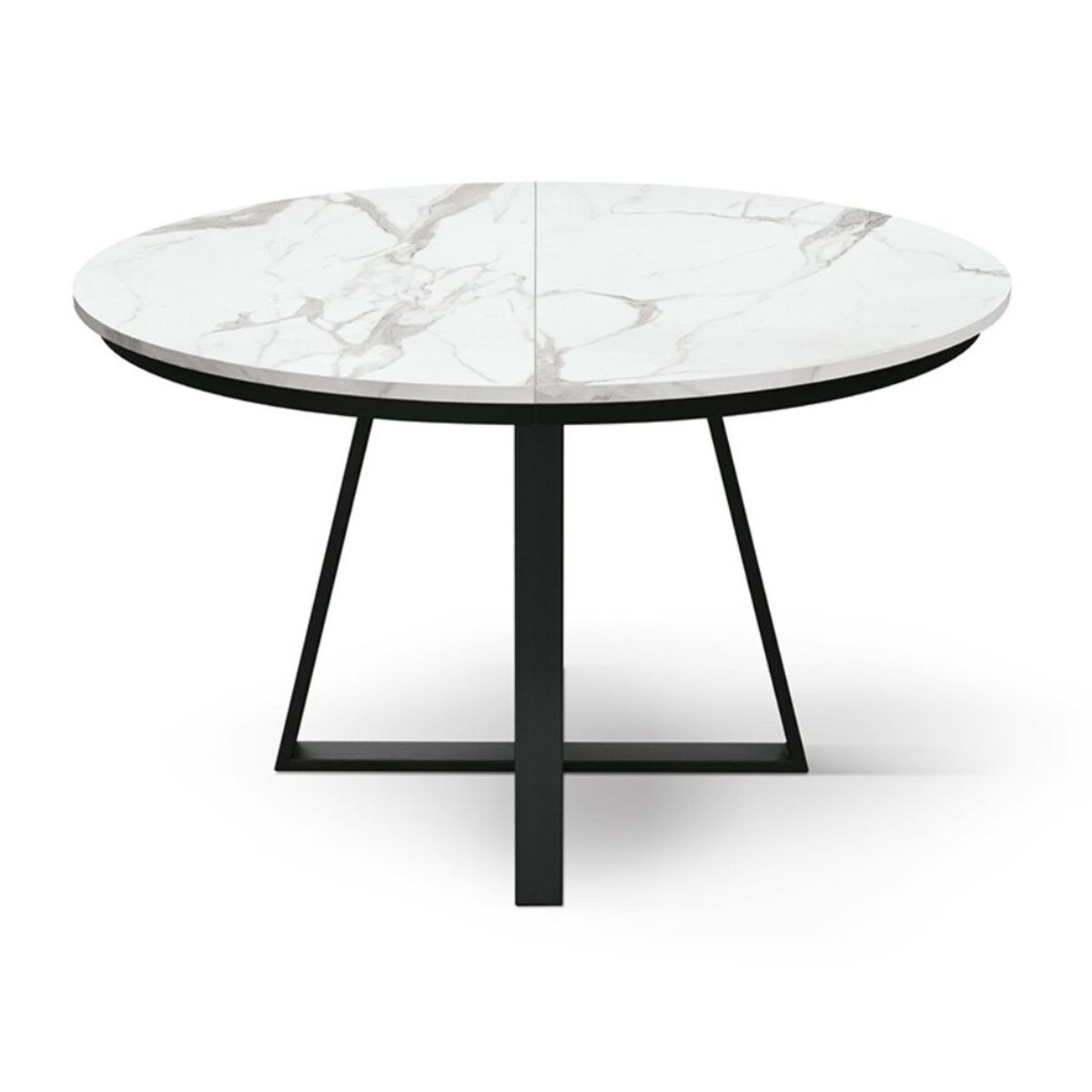 Tavolo rotondo PANTELLERIA in legno, finitura bianco statuario e gambe in metallo nero, allungabile Ø120xH75,3 cm - 170x120x75,3 cm