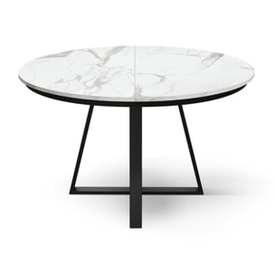 Tavolo rotondo PANTELLERIA in legno, finitura bianco statuario e gambe in metallo nero, allungabile Ø120xH75,3 cm - 170x120x75,3 cm