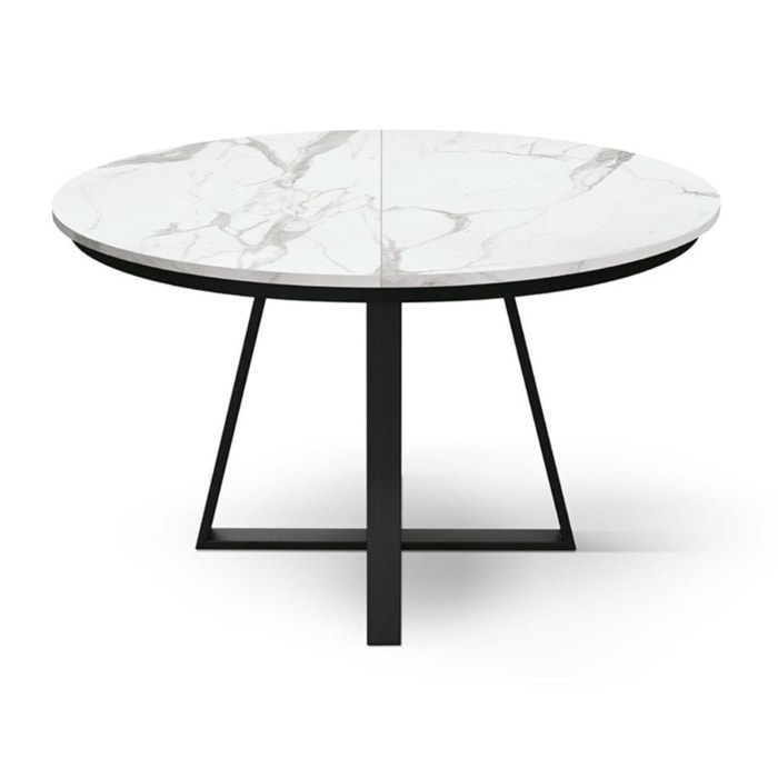 Tavolo rotondo PANTELLERIA in legno, finitura bianco statuario e gambe in metallo nero, allungabile Ø120xH75,3 cm - 170x120x75,3 cm