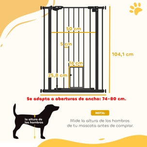 Barrera de Seguridad Perros Gatos con Puerta Pequeña 74-80x104,1 cm para Puerta Pasillo Escalera Barrera para Mascotas con Cierre Automático y Sistema de Doble Bloqueo Negro
