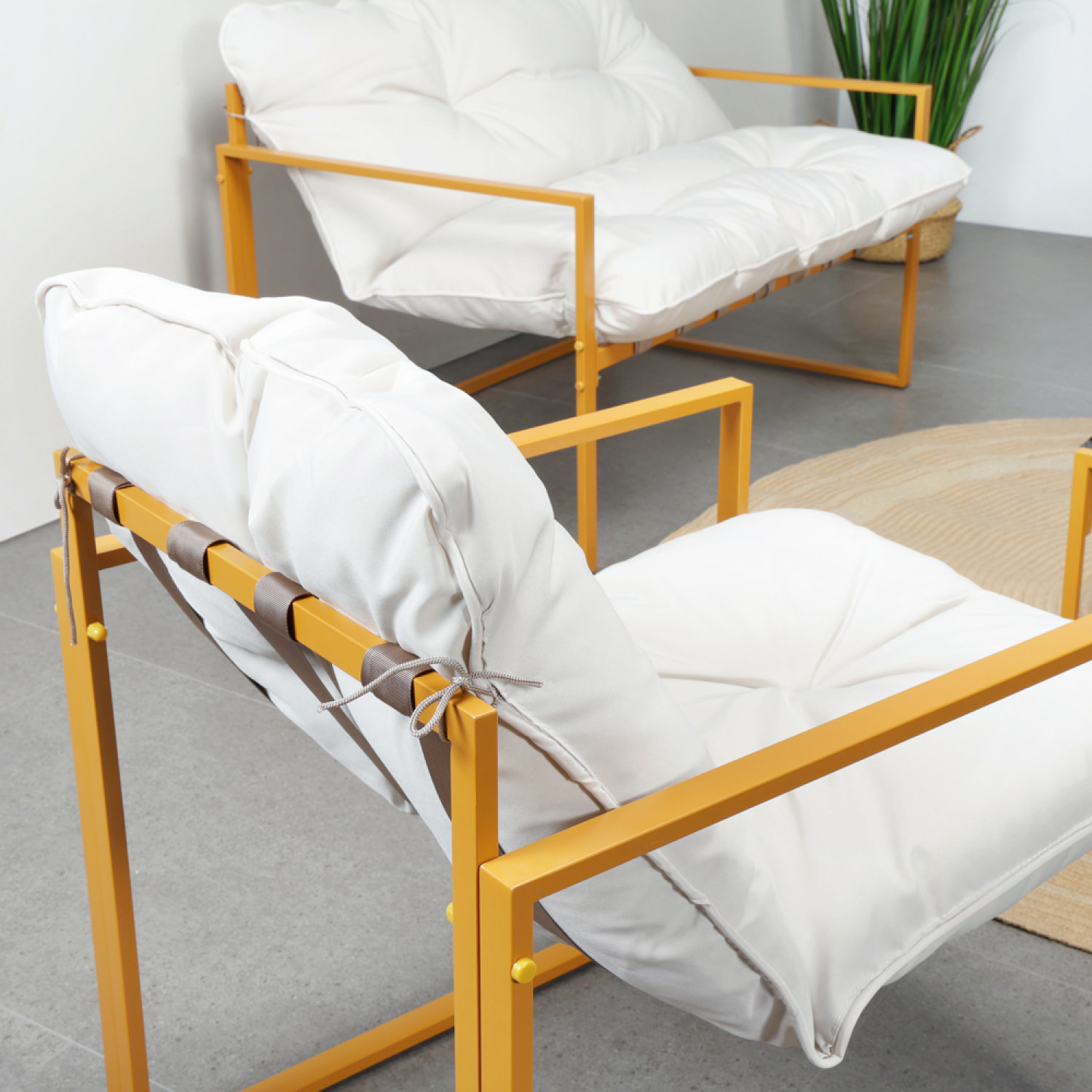 LANA Salon de jardin 6 places contemporain marron et coussins beiges